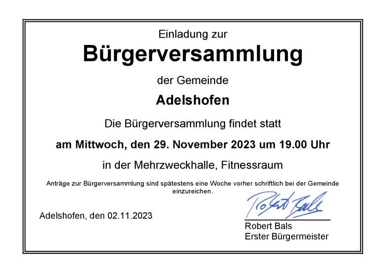 Bekanntmachung Bürgerversammlung 2023 Gemeinde Adelshofen